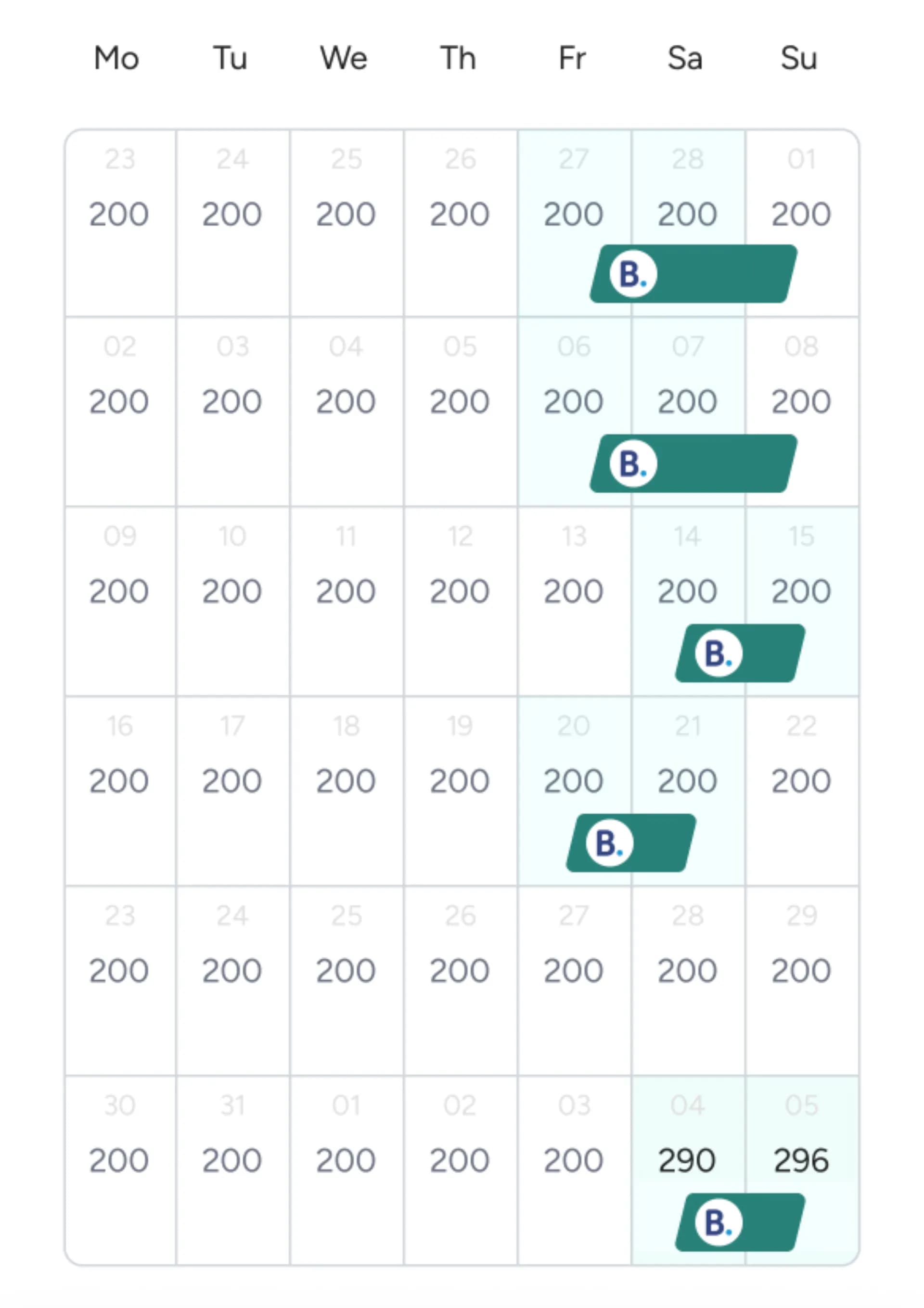 Calendar showing single-night weekend bookings